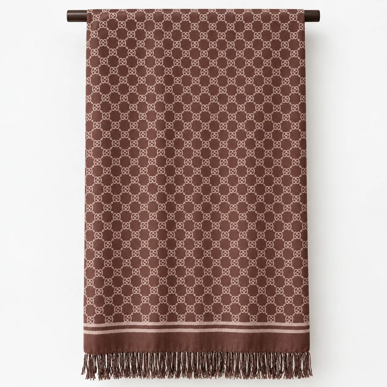 Luxury Interlocking Monogram Jacquard Scarf – Premium Silk Jamawar Stole with Fringe Tassels Angle 3